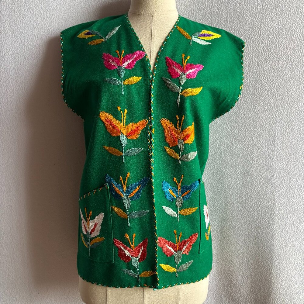 Mexican Hand Embroidered Wool Vest with Pockets